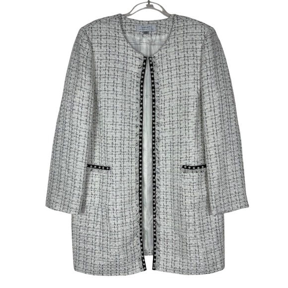 Tahari Arthur S Levine Jacket Womens 16 White Black Tweed Pearl Trim Open Front - Picture 2 of 10
